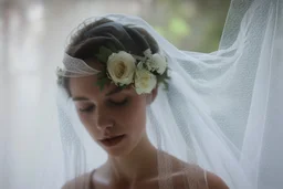 wedding, veil, flowers, blur 5%, double exposure, merged layers, in the first part (near to us) of the picture you can see a plain sandblown smoked glass, engraved with a folk art pattern, the glass is cracked in several places, in some places the glass is broken, crumpled burlap, through it you can see a tropical rainforest with a waterfall, mist, tooth, sunrise