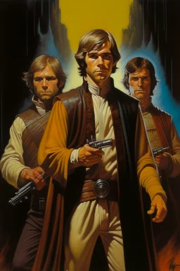 1970's dark fantasy cover dnd style oil painting of luke skywalker, obi-wan kenobi and han solo wearing sport outfits with minimalist far perspective. Magazine.