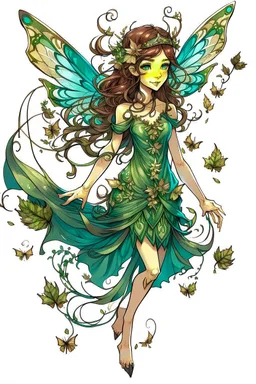 Forest fairy with iridesand teal wings and a cute short leaf dress and pointed ears and multiple vine earings and ear cuffs flying through a mythical forestand brown wavy hair trailing her