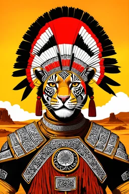 Striking portrait of Nantli warrior as anthropomorphic puma, adorned with intricately designed traditional armor and headdress. His face, painted with black and white patterns, radiates a fierce and determined expression. A red sun adorns his headdress, symbolizing strength and power. The background, a vast, golden desert landscape, with a sun setting behind some rocky outcrops