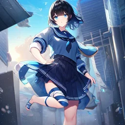 Clear focus,High resolution, Black short fluffy hair, and blue eyes, wearing a sailor uiform, Bandage around the whole body