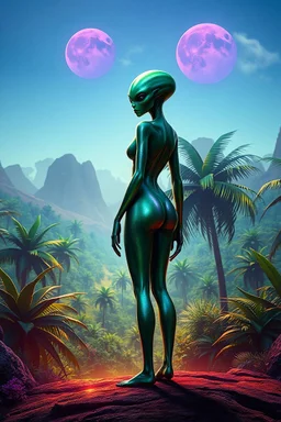 Full-length view of an alien woman with iridescent green skin, standing in a lush, bioluminescent jungle on an alien planet, under a sky with twin purple moons.