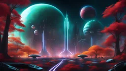 hyper realistic, tron legacy movie, space ships of the future, city of the future, green nad dark red trees , forest, yellow, blue, purple, orange, space, planets, god status creations of the universe
