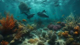 hyperrealistic 4k, sea from the movie aquaman, a lot of sea plants, and, sea animals, underwater