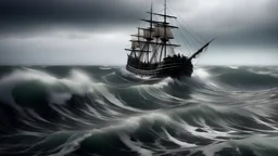 A rough sea with a large and old ship