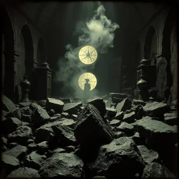 photo, 1920 horror movieshot, rocks, very odd objects in background, Ades, Charon, tenebroso, macabro, marcio, interno museo, fiotti di liquido nero che zampillano, hypermaximalist, strangeness, sundial light, odd, intricate, Lawrence Alma-Tadema style, albero, hypnotic, eerily mysterious, artistic photo, shot on Hasselblad, sadness, follia, smoke, daguerrotype