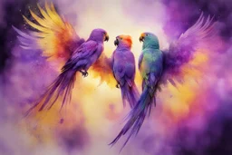 parrot-phoenix mix birds, a picture of togetherness, death, resurrection, purple in sunshine, watercolor and black ink outlines, sparkling golden glitter, ethereal, cinematic postprocessing, bokeh, dof