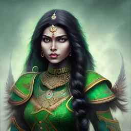 fantasy setting, indian woman, dark skin, green and black wavy hair