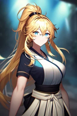 girl, masterpiece, best quality, cinematic lighting, detailed outfit, vibrant colors, perfect eyes, blue eyes, long hair, golden hair, messy hair, hair between eyes, depth of field, ray tracing, ponytail, hakama,