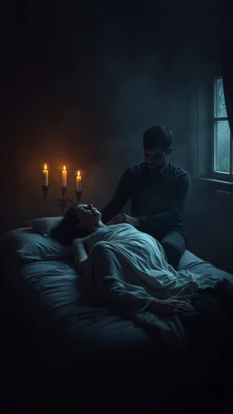 Remy Cogghe painting style, a trajectory a man holding his woman she is dying , she is laying down on bed in a foggy smoky background, in dark room with a dim candles light and a open window outside light , 4k, high quality photography