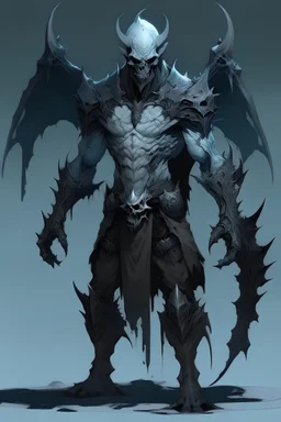 dark fantasy, male, ghoul, barbarian, humanoid monster, skin pale blue, bestial face bat, full body, hald armor of bones,