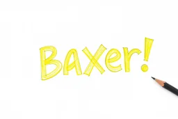 a drawing with sketch lead pencil, The word "BAXER" in yellow floating like a big sign, strong painting, strong expression, BAXER!, BAXER! write the word Baxer