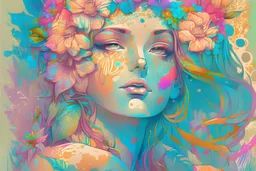A detailed illustration a print of a vintage goddess, perfect beautiful friendly face, photorealistic, large colorful flower splash, t-shirt design, in the style of Alphonse Mucha, colorful tropical flora pastel tetradic colors, 3D vector, art, cute and quirky, fantasy art, watercolor effect, bokeh, Adobe Illustrator, hand-drawn, digital painting, low-poly, soft lighting, bird's-eye view, isometric style, retro aesthetic, focused on the character, 4K resolution,rendering,vector graphic