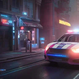 Cyberpunk,police car at unreal engine 5, octane render,cinema4d, dynamic lighting, 8k, redshift render, highly, hyperrealism ultra realistic, hyper realistic.