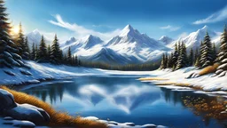 acrylic illustration, acrylic paint, bluesky, snow mountain, lake, (masterpiece),((ultra-detailed)), (highly detailed CG illustration),(expressionless), (best quality:1.2), High quality texture, intricate details, detailed texture, High quality shadow, Cinematic Light, Depth of field, light source contrast, perspective,20s, (ulzzang-6500-v1.1:0.5), by [Iryna Yermolova | Conor Harrington]