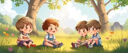 illustration of young children playing outside. fantastic lighting, cute amine children's book proportions