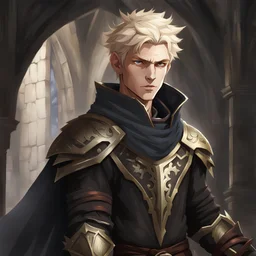 young aasimar male, fair-blonde hair, short spiky hair, dark rugged medieval clothes, pale complexion