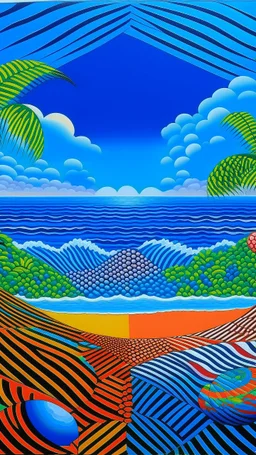 A blue tropical beach near a coral cove painted by Victor Vasarely