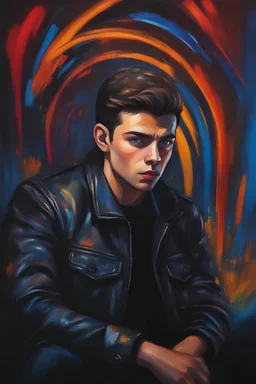 18-year-old Elvin P. Resley with crew-cut dark brown hair tapered on the sides, bangs over the forehead, goatee, bushy eyebrows, blue eyes, wearing a leather jacket - resembles Elvis Presley, pitch black background with an overhead spotlight effect, extremely colorful, oil painting by Julie Bell