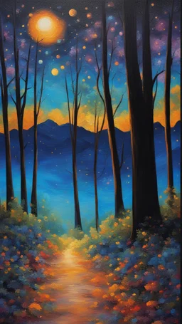 Painting of the night sky with stars and trees, colorful night sky, starry night painting, magical forest background, night background, vibrant painting, atmospheric dream painting, night sky background, colorful painting, colorful stars, Beautiful paint art, dream landscape art, beautiful painting, oil painting, oil painting on canvas, impressionist