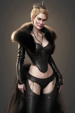 Cersei Lannister as evil queen in black leather and fur, busty, cleavage, curvy, lena headay, angry, stern look. character design by cory loftis, fenghua zhong, ryohei hase, ismail inceoglu and ruan jia. unreal engine 5, artistic lighting, highly detailed, photorealistic, fantasy