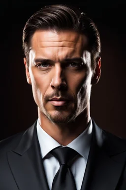 portrait of a 40 year old Handsome, smart gang boss with lightly tanned skin. medium length brown hair slicked back and a goatee beard. mean looking. wearing a dark suit. photorealistic