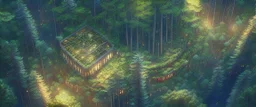 top view that warm, a huge library in forest with fireflies around trees that have wide leaves and broad trunked. Realistic.