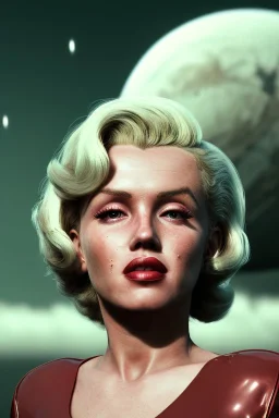 Ultra Realistic retro sci-fi scene, portrait, blonde woman, sweet young Marilyn Monroe face, perfect iris, tight latex coat, Strange planet background, Retro sci-fi style helmet, fog, rain, soft color, highly detailed, unreal engine 5, ray tracing, RTX, lumen lighting, ultra detail, volumetric lighting, 3d, finely drawn, high definition, high resolution.