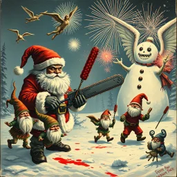 there is no kebabs at christmas, evil Santa, evil gnomes running around, staring flaming eyes, evil Rudolf, very big evil melting angry Frosty the snowman in background, kebabs and kebab, 1940 christmas postcard, blood stains, Flying angel Cherubs, Santa holding a chainsaw, fireworks