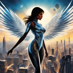 [art by Jack Davis] In a world where the sky is the new frontier, “AeroDynamica” emerges as the embodiment of progress and freedom. This digital artwork captures a futuristic girl, her silhouette sleek against the cityscape, with wings that are a marvel of bioengineering. They unfurl with a grace that belies their intricate design, a fusion of organic curves and cutting-edge technology. “AeroDynamica” is not just a figure; she’s a statement about the potential within us all to