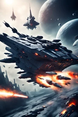 futuristic 4 space battleship fighting in brutal battlefield with 4 alien space battleship