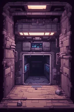 2d pixel art dark environement, old abandoned human underground military bunker, use for experimentation, laboratory, alien. platform video game