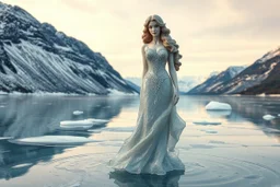 in a frozen sea with pretty mountains a full model lady statue with long curvy hair made and midi jeweled dress made of frozon water in artist pose standing over frozon water looking at camera, of clear glass like ice that going to melt and water drops fall from all body.