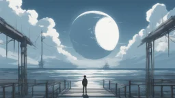 giant half transparent moon, glitchy, blurry, mechanical, sci-fi, maximum quality, centered on frame, far view, seaside, white sky with cumulonimbus, anime, makoto shinkai style, japanese pier, rusty, decrepit, foggy, black and white