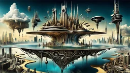 a stunningly weird image of a futuristic floating island-like metropolis using Salvador Dali's paranoiac-critical method, where buildings and structures appear to melt into the skyline cityscape is filled with floating mad, twisted sharp metal shapes that interact with the buildings and each other, forming a surreal tableau of a dreamlike reality. neu-steampunk vibe, essence of the scene in a cinematic manner, with dramatic shadows that enhance the distorted perspectives and bizarre