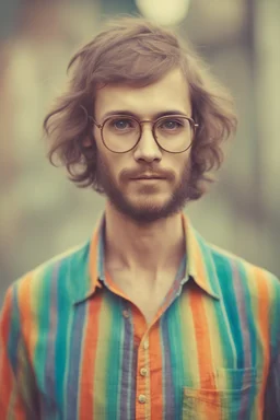 hippie young man with glasses of colours and poor and short short short and poor hair on the head with receding hairline. Farsightedness glasses with big eyes. Shirt beard in the head. Vintage look and feel like photo style-of the 70s