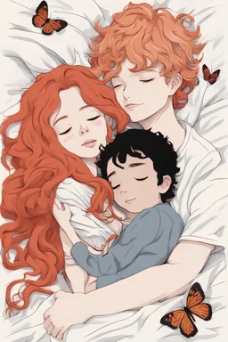 Generate a detailed image of a couple: a girl with red curls and a boy with semi-long black hair, lying cuddled in bed. The boy has a snake wrapped around his arm, and the girl is holding a butterfly in her hand.