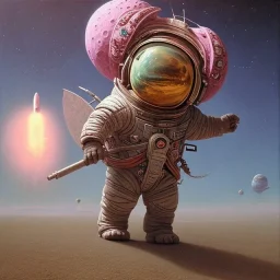 1yo little boy is on safari on the moon. riding a pink dinosaur. he has big and a funny hat. High detailed. Cinematic. oil on canvas painting. Warm lights. beksinski