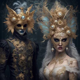 A handsome man and a very beautiful woman, they are wearing masks, carnival, cyber punk, filigree lace, ornate theatrical costume of the Spirit of the Theater, decorated gothic, decadent fairy-tale creatures, headdress of New Year's attributes, pearl jewelry, romanticism details, New Year's attributes, gold lace mask, relief extremely detailed style cyberpunk style hyper-realistic on stage light fog and spotlights, smoke.