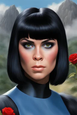 Planet of the Apes - black hair, Deep Blue Eyes - head and shoulders portrait - Lenna, part chimpanzee, part human, short, bowl-cut, straight black hair, the bangs cut straight across the forehead, she resembles a zira from the planet of the apes, and she resembles Leonard Nimoy - Mountains, blue skies, clouds, red roses, blue roses, yellow roses, honeysuckle roses, carnations, lilacs, professional quality, 32k, UHD, glossy, 1080p, Extremely high resolution Digital photograph, reality