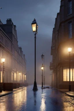 London street at night, many houses, wet ground, pole with round light