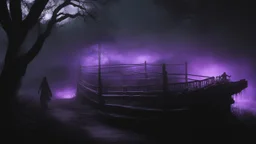 walking straight ahead over a wooden bridge, holding the angel of death with your right hand, entering the fog at the end of the road that leads to the afterlife, and a beautiful sunset and galaxy's behind the fog, realistic