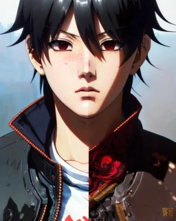 Detailed young anime boy crying, intricate details, full body portrait, keep head in frame, slight, black Japanese motif, concept art, highly detailed, digital painting, concept art, sharp focus, illustration, art by Yoji Shinkawa, WLOP and greg rutkowski and alphonse mucha and artgerm and yanjun Chen and Junji ito and Makoto Shinkai, HDR, octane render