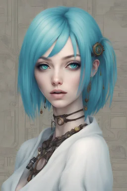 girl with bob, blue and cyan hairs, white sweather, steampunk