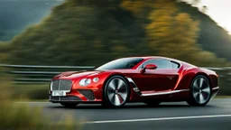 A sleek with livery (((luxury hypercar bentley))), its contours and details perfectly captured in a (((cinematic view))), zipping along a winding road under a beautiful blue fresh morning sky
