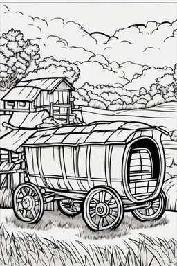 coloring page, hay wagon, cartoon style, thick lines, low detail, no shading