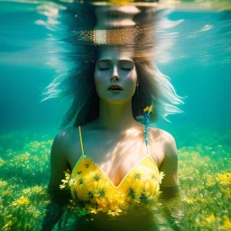 Bo Derek underwater with yellow flowers for hair, closed eyes, rtx, reflection, 8k, glow, winning photography, caustics