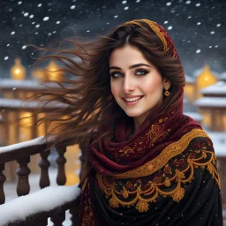 Hyper Realistic Photographic-View of an Extremely-Beautiful Young Happy Pashto Woman with very-beautiful eyes & beautiful brown hair wearing Black Dress with yellow embroidery & maroon-shawl standing on a balcony with beautiful snowfall night with wind-whirling-her-hair showing dramatic & cinematic ambiance.