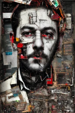 Ultra detailed medium portrait painting of a man, sitting bended over on a chair, looking down with hands in his hair, giving up, broken, dark and abstract background,torn up collage of clippings, broken circuitry background, matrix effects, punk visual art, punk art aesthetic, graffiti art, pop surrealism, collage art, cluttered paint glitches