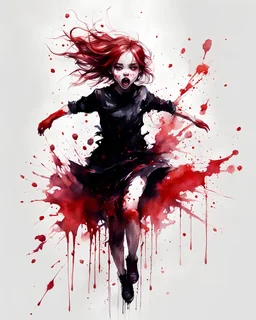 Petit girl goth, run pose, fullbody, splashes blood, behind guts rising from the ground, watercolor illustration by <agnes cecile>, darkred tones,